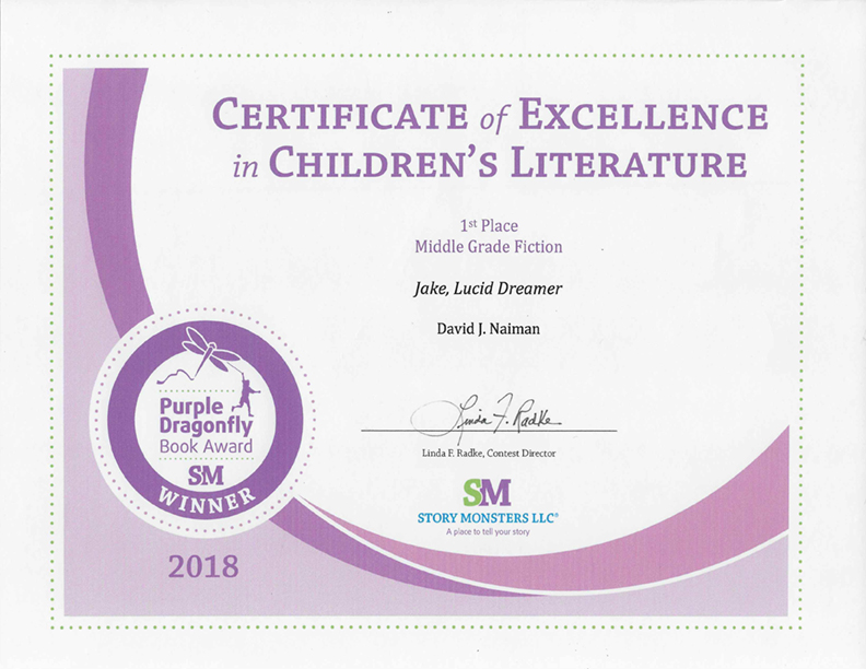 Purple Dragonfly Book Award certificate